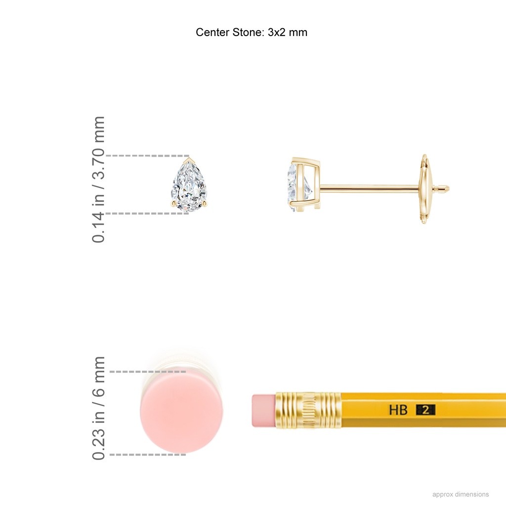 3x2mm GVS2 Pear-Shaped Diamond Solitaire Stud Earrings in Yellow Gold ruler