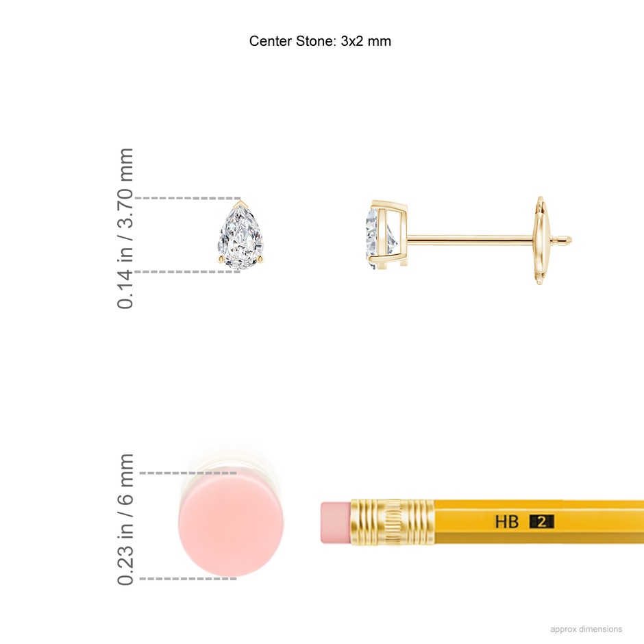 3x2mm HSI2 Pear-Shaped Diamond Solitaire Stud Earrings in Yellow Gold ruler