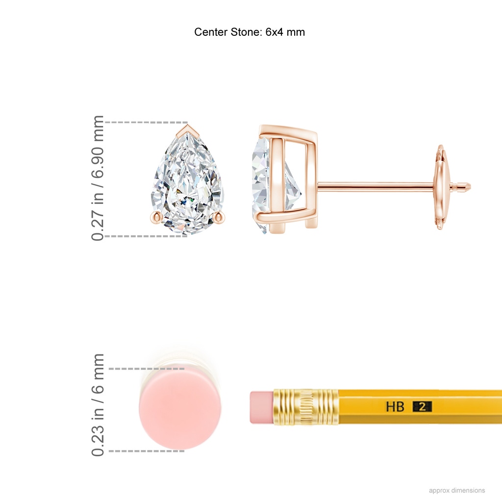 6x4mm GVS2 Pear-Shaped Diamond Solitaire Stud Earrings in Rose Gold ruler