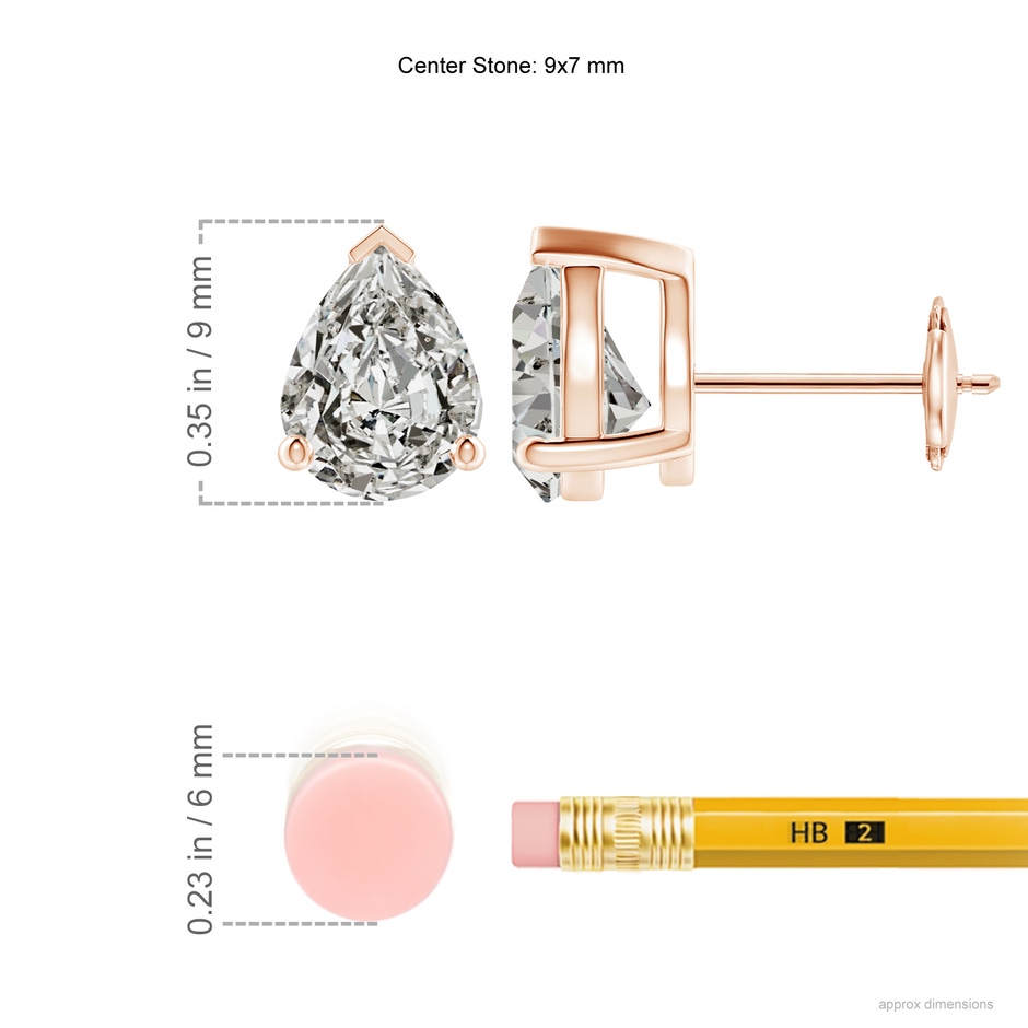 9x7mm KI3 Pear-Shaped Diamond Solitaire Stud Earrings in Rose Gold ruler
