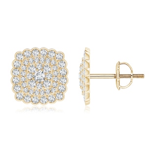 2mm GVS2 Cushion Double Halo Diamond Studs with Pave Detailing in Yellow Gold