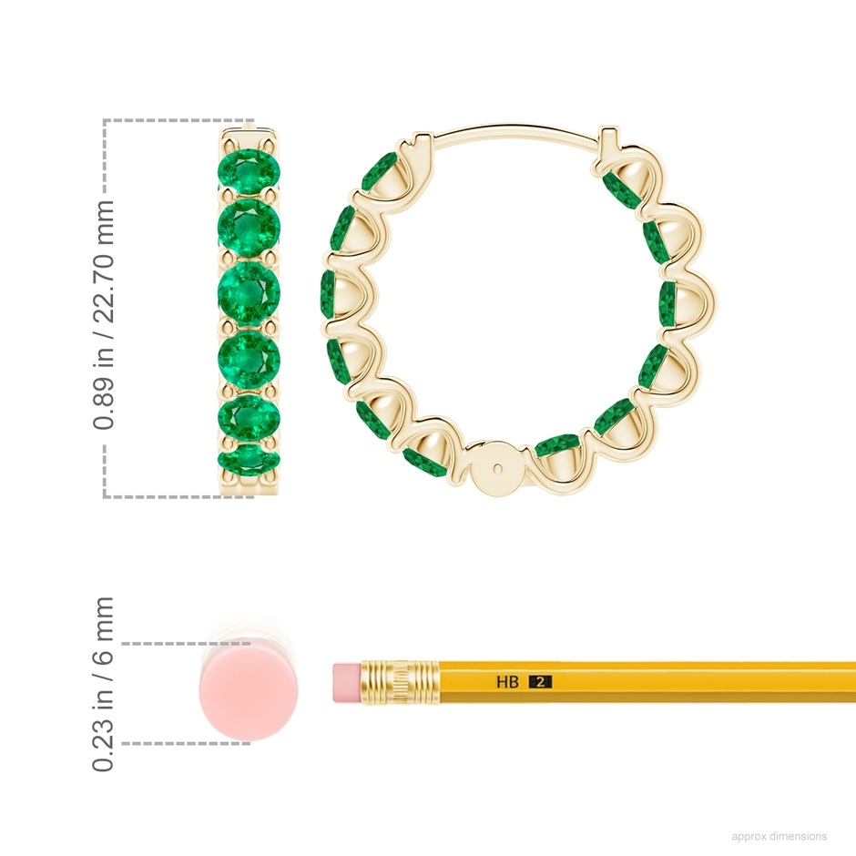 3.5mm AAA Prong-Set Emerald Inside Out Hoop Earrings in Yellow Gold ruler