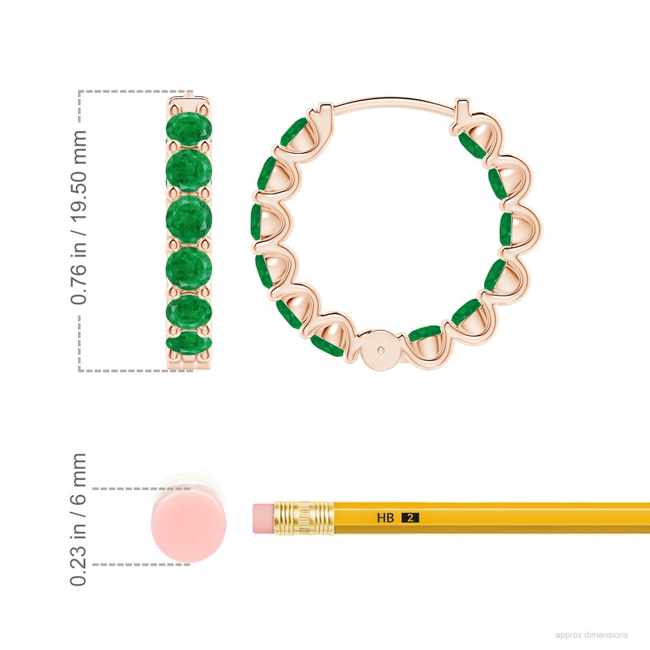 3mm AA Prong-Set Emerald Inside Out Hoop Earrings in Rose Gold ruler