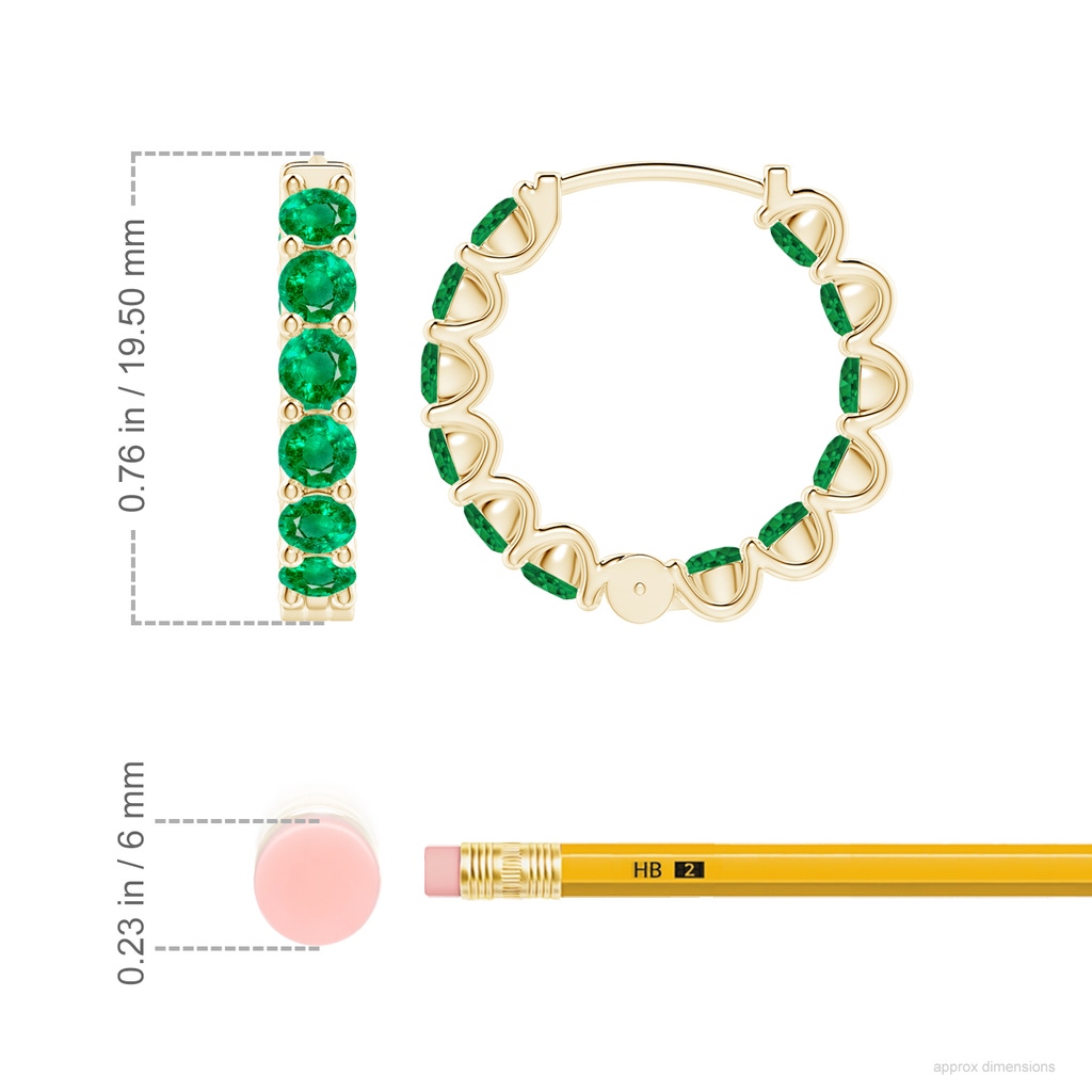 3mm AAA Prong-Set Emerald Inside Out Hoop Earrings in Yellow Gold ruler