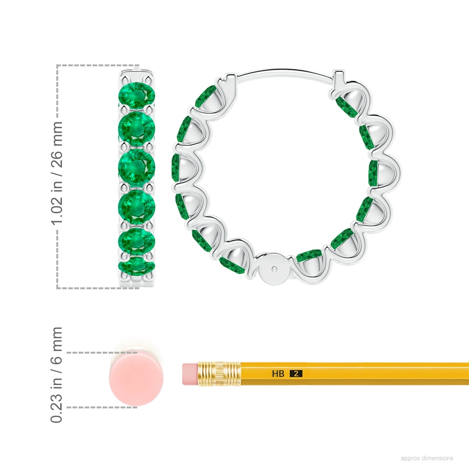 4mm AAA Prong-Set Emerald Inside Out Hoop Earrings in S999 Silver ruler