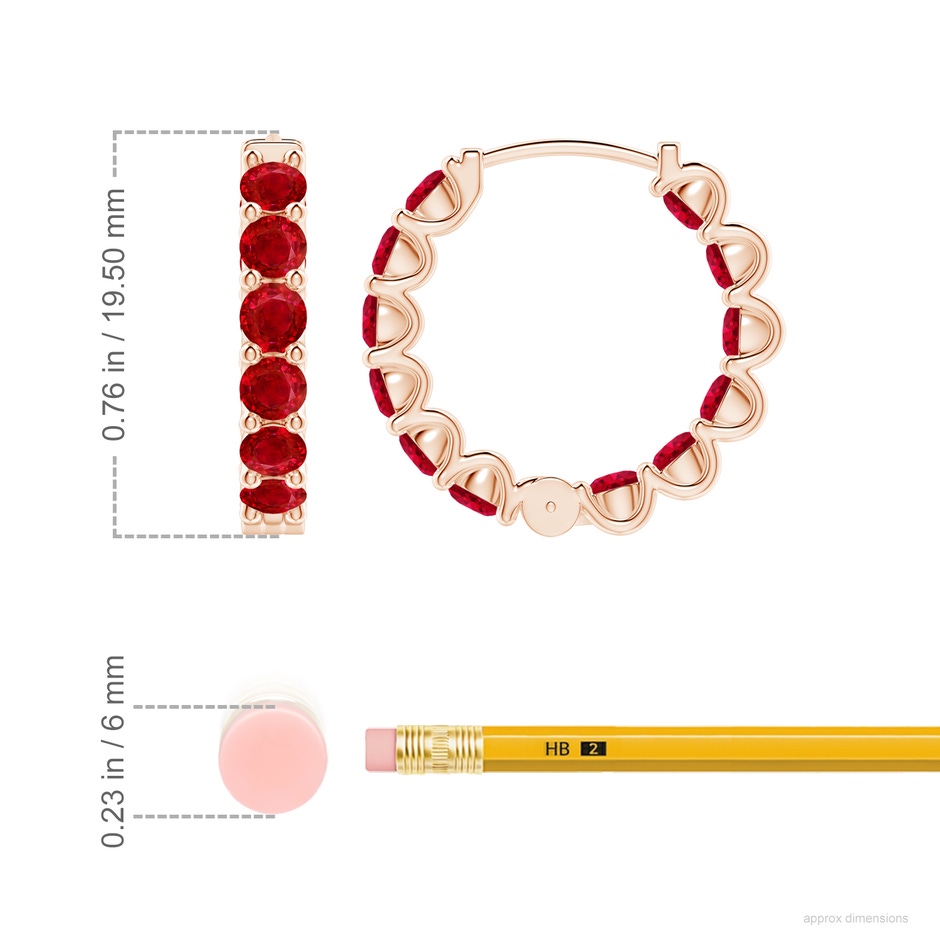 3mm AAA Prong-Set Ruby Inside Out Hoop Earrings in Rose Gold ruler