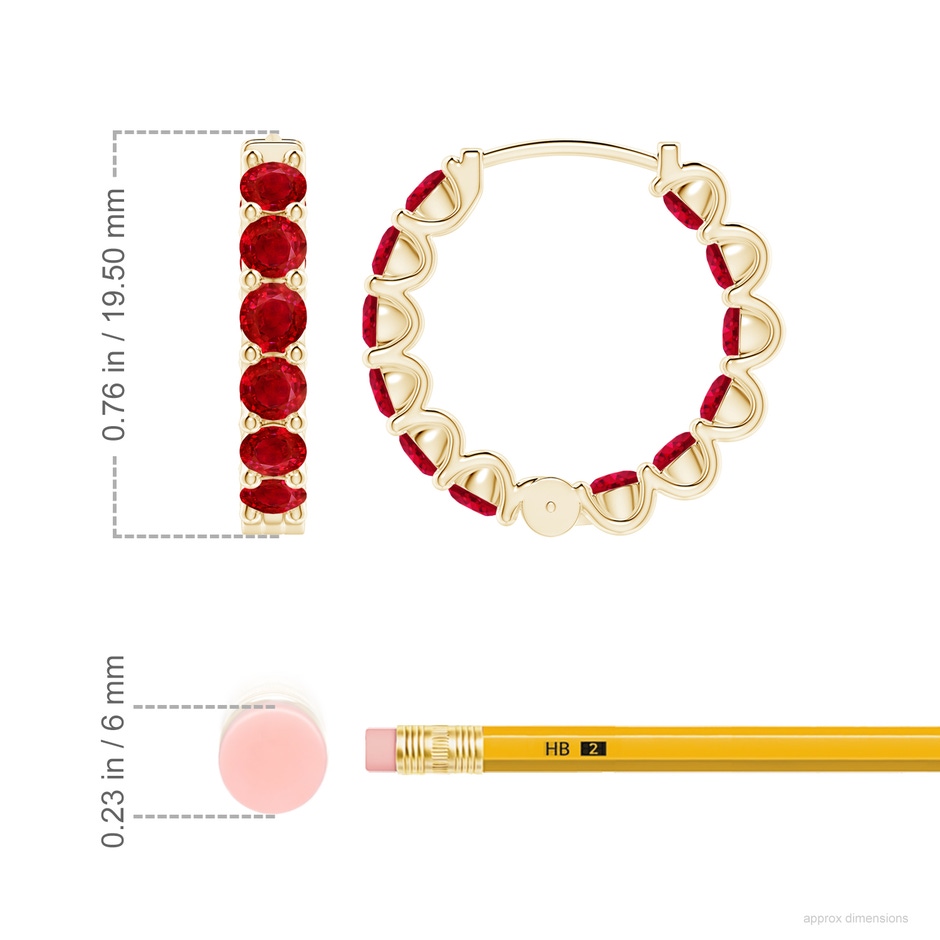 3mm AAA Prong-Set Ruby Inside Out Hoop Earrings in Yellow Gold ruler