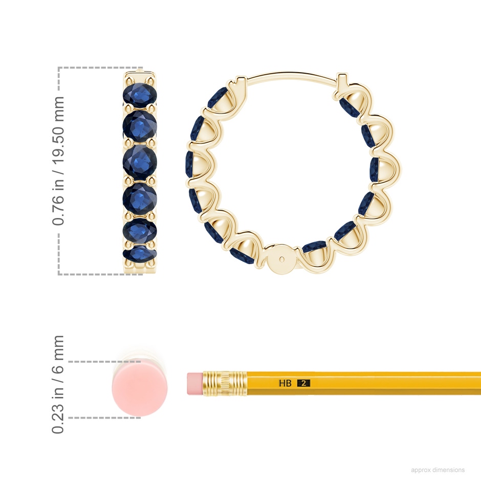 3mm AA Prong-Set Bue Sapphire Inside Out Hoop Earrings in Yellow Gold ruler