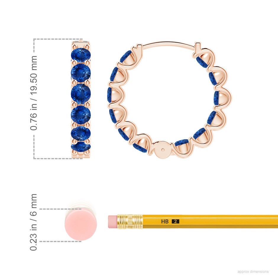 3mm AAA Prong-Set Bue Sapphire Inside Out Hoop Earrings in Rose Gold ruler