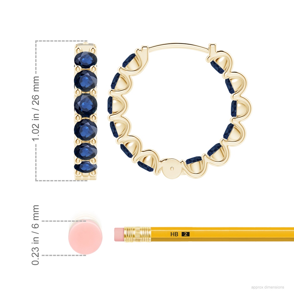 4mm AA Prong-Set Bue Sapphire Inside Out Hoop Earrings in Yellow Gold ruler
