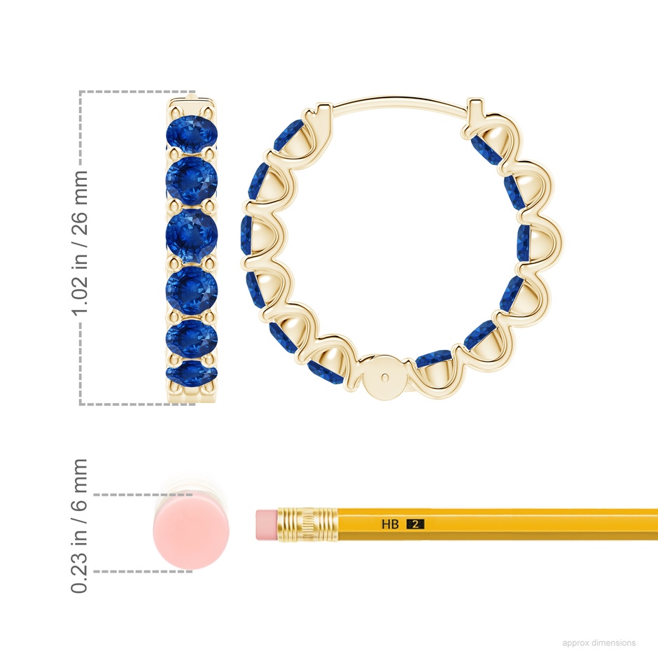 4mm AAA Prong-Set Bue Sapphire Inside Out Hoop Earrings in Yellow Gold ruler
