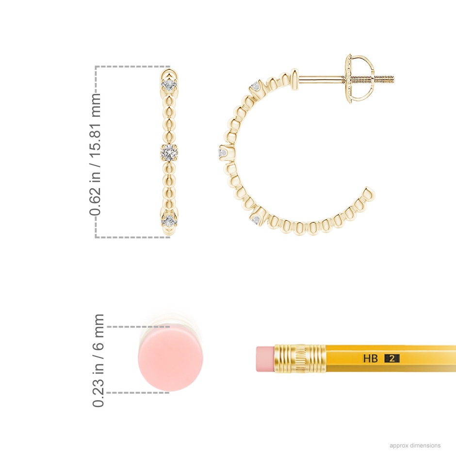 1.5mm IJI1I2 Diamond Beaded Half Hoop Earrings in Yellow Gold ruler