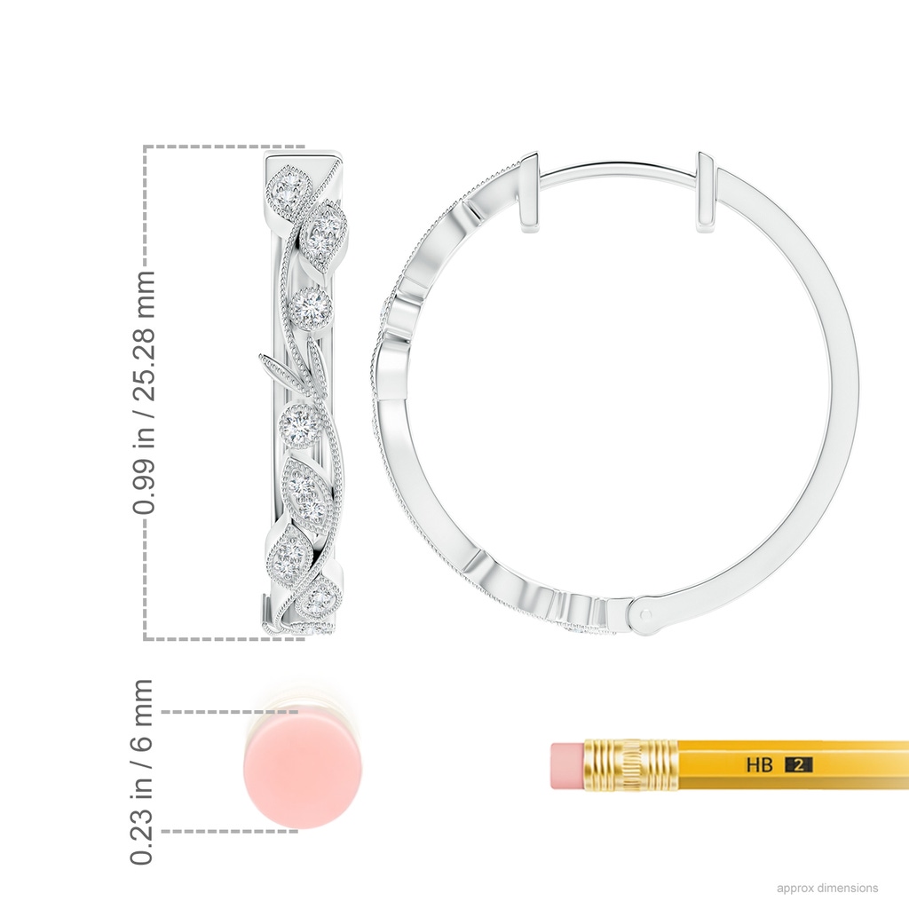 1.6mm GVS2 Nature Inspired Diamond Leaf Hoop Earrings with Milgrain in White Gold Ruler