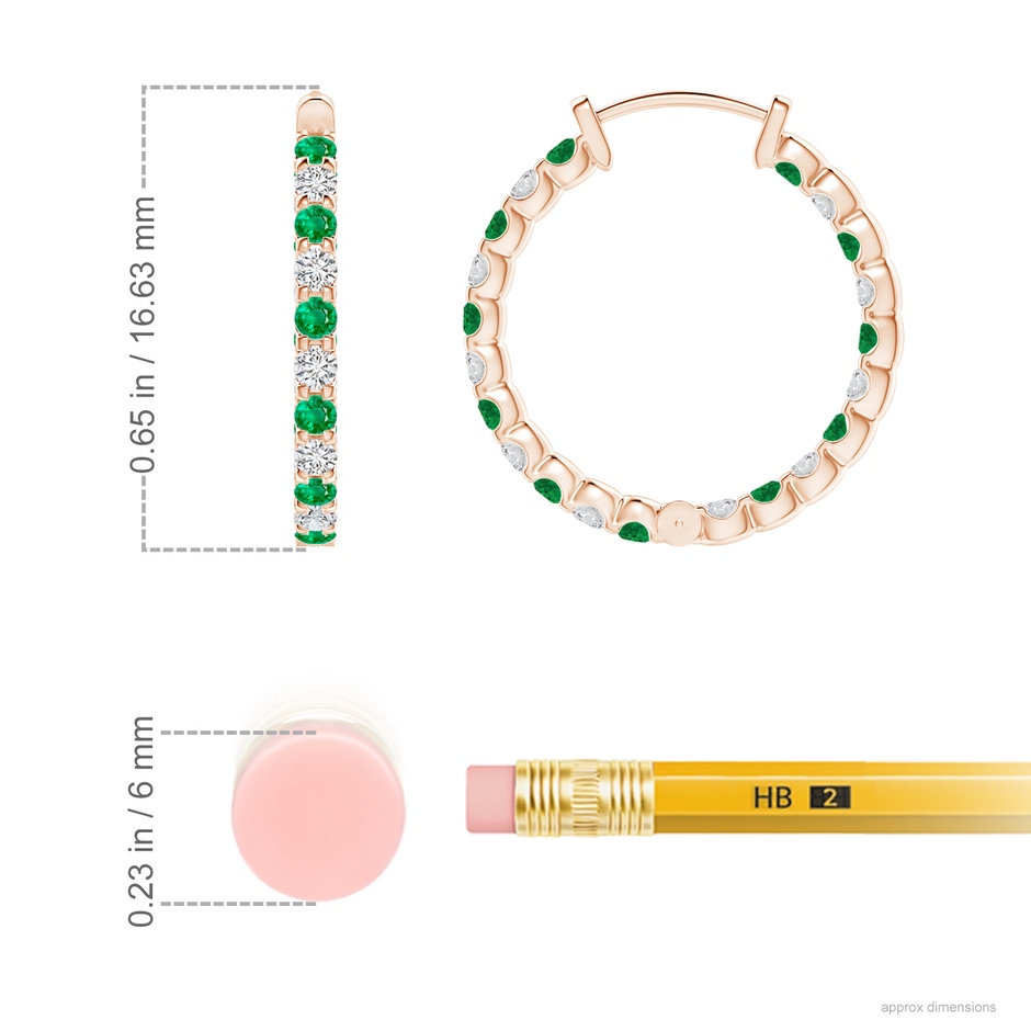 1.5mm AAA Prong-Set Emerald and Diamond Inside Out Hoop Earrings in Rose Gold ruler