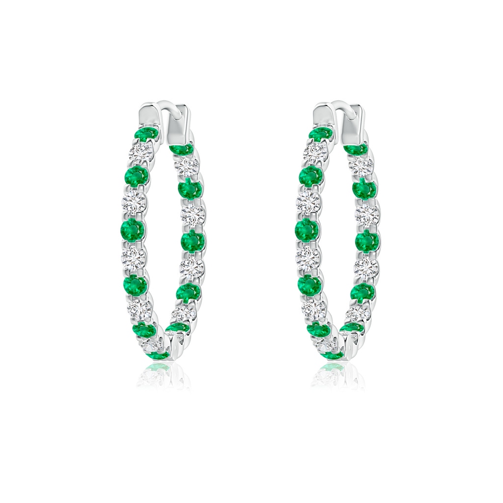 1.5mm AAA Prong-Set Emerald and Diamond Inside Out Hoop Earrings in White Gold