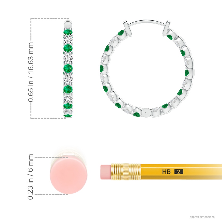 1.5mm AAA Prong-Set Emerald and Diamond Inside Out Hoop Earrings in White Gold ruler