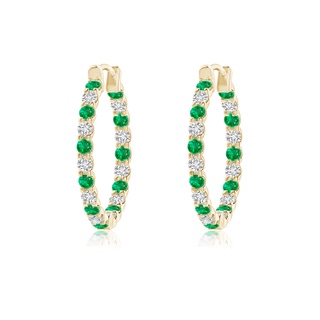 1.5mm AAA Prong-Set Emerald and Diamond Inside Out Hoop Earrings in Yellow Gold