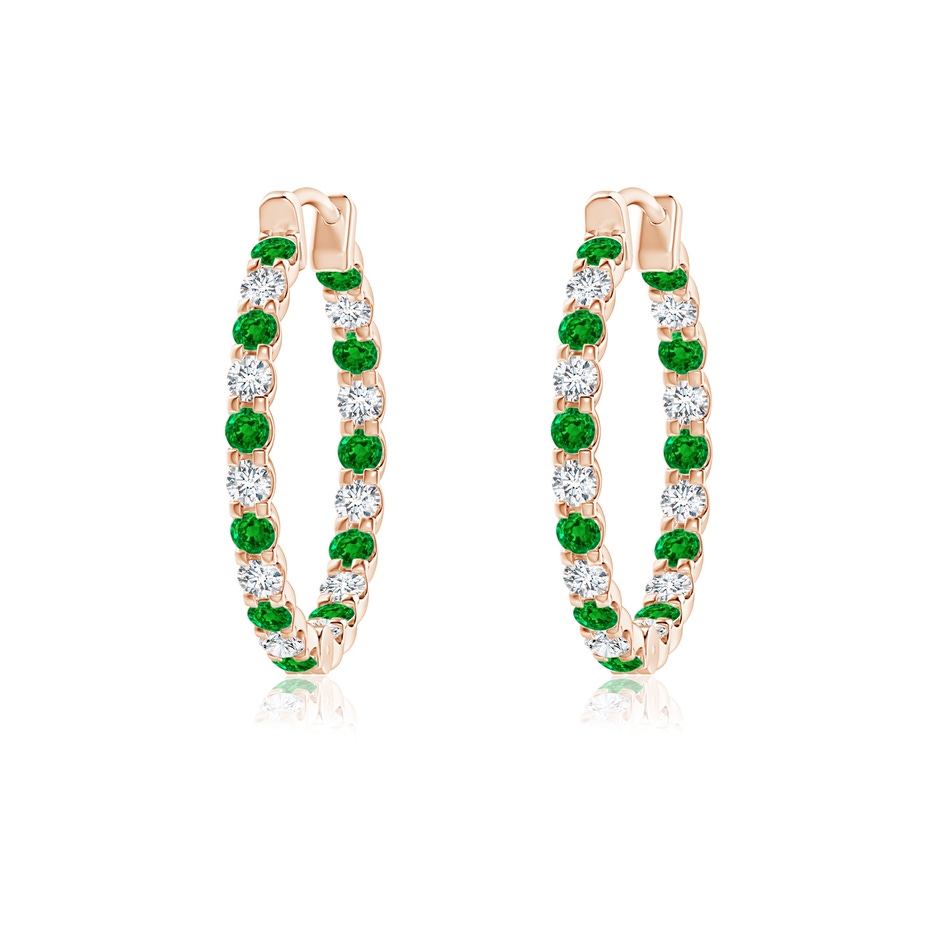1.5mm AAAA Prong-Set Emerald and Diamond Inside Out Hoop Earrings in Rose Gold 