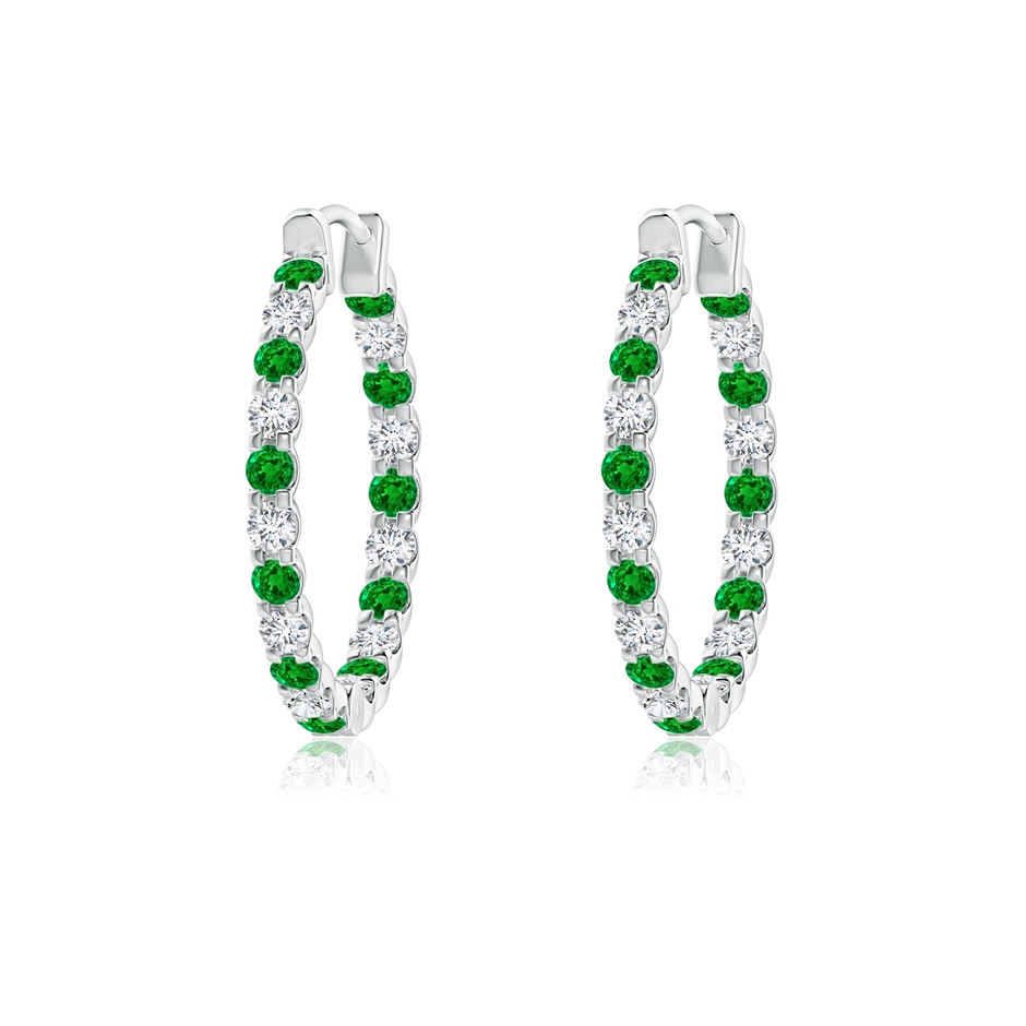 1.5mm AAAA Prong-Set Emerald and Diamond Inside Out Hoop Earrings in White Gold 