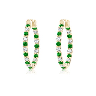 1.5mm AAAA Prong-Set Emerald and Diamond Inside Out Hoop Earrings in Yellow Gold