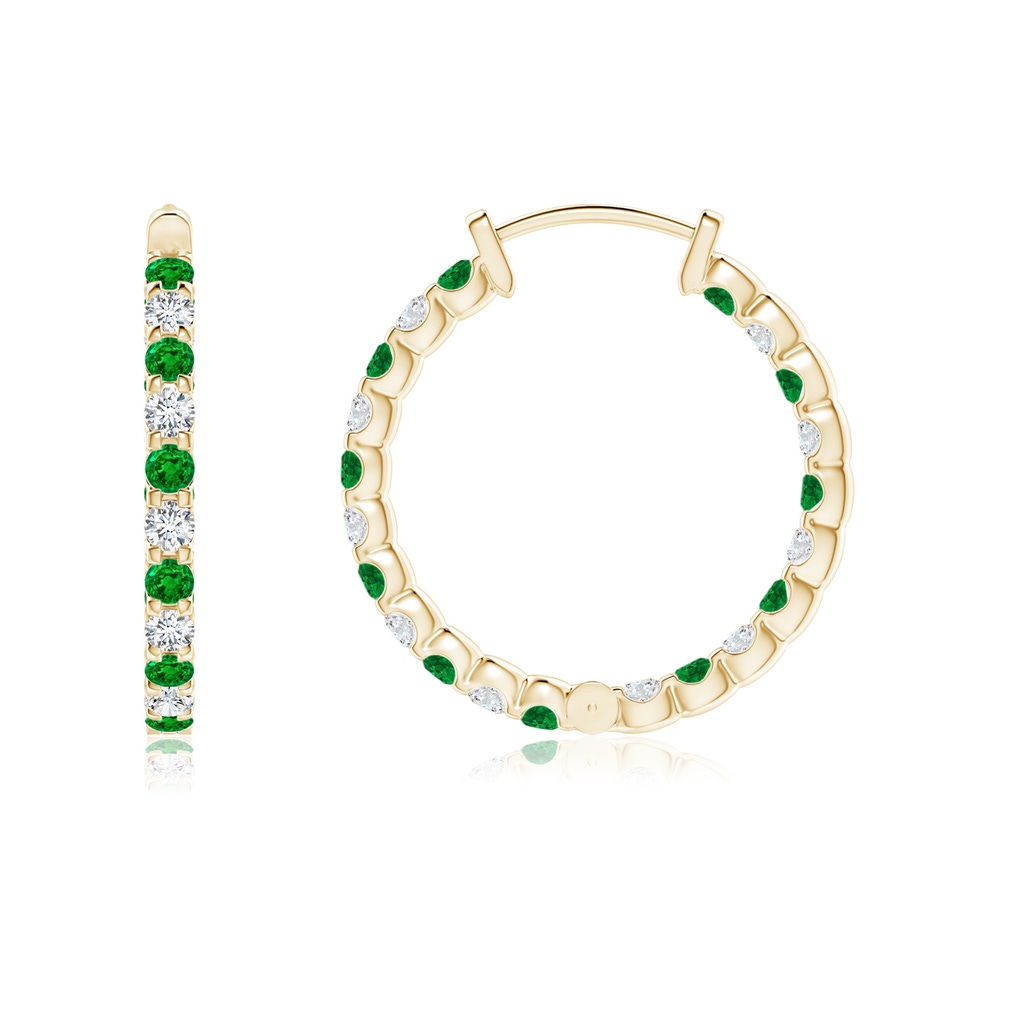 1.5mm AAAA Prong-Set Emerald and Diamond Inside Out Hoop Earrings in Yellow Gold Side 199