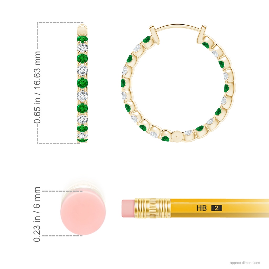 1.5mm AAAA Prong-Set Emerald and Diamond Inside Out Hoop Earrings in Yellow Gold ruler
