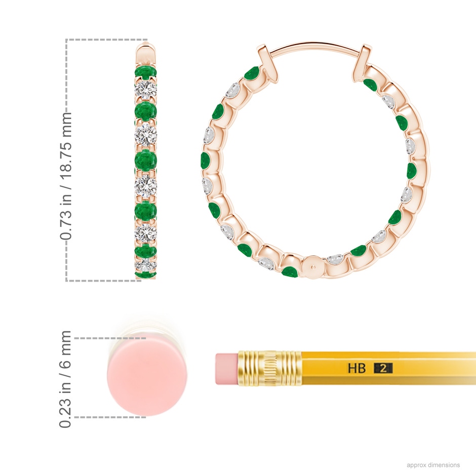1.7mm AA Prong-Set Emerald and Diamond Inside Out Hoop Earrings in Rose Gold ruler