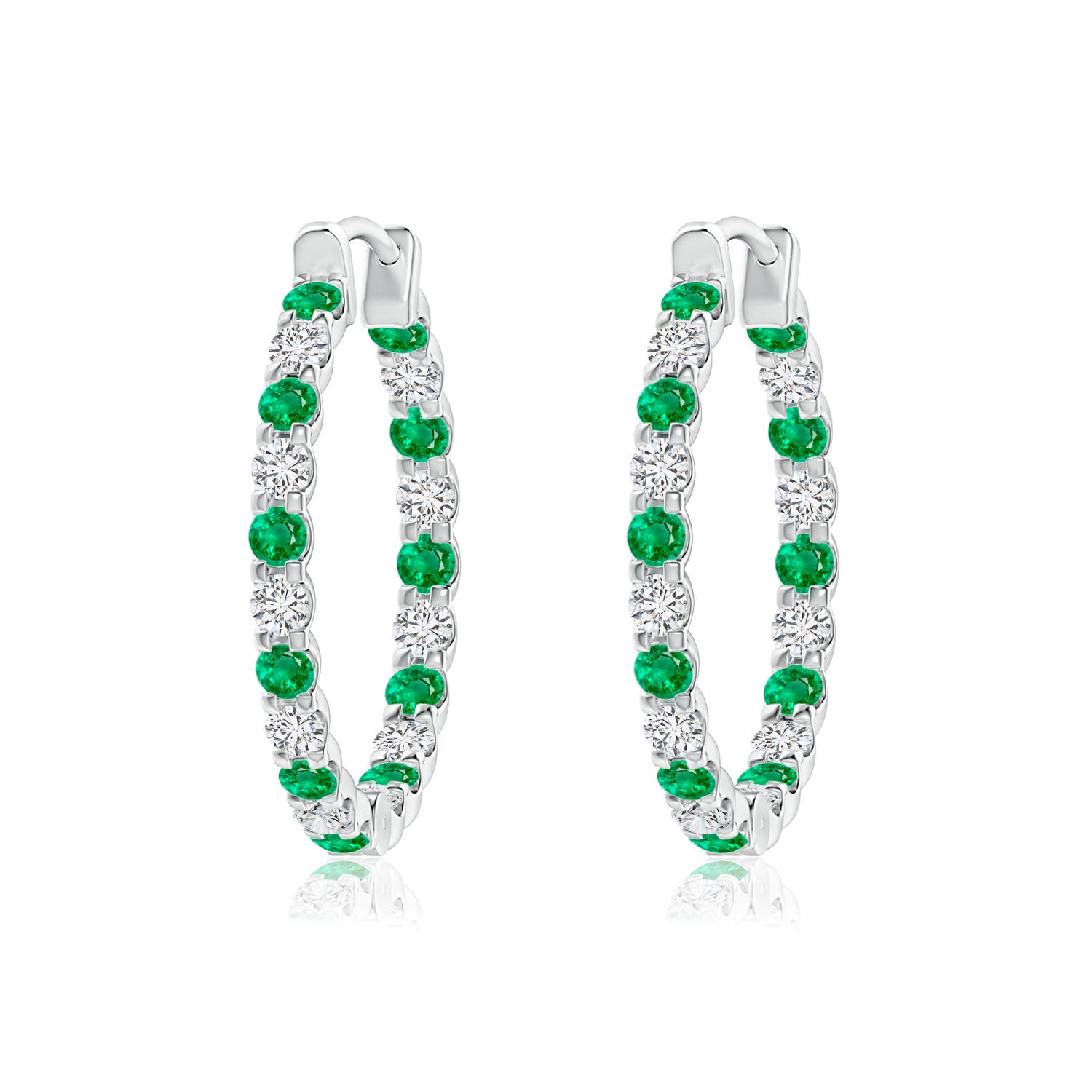1.7mm AAA Prong-Set Emerald and Diamond Inside Out Hoop Earrings in P950 Platinum