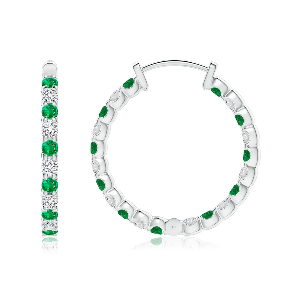 1.7mm AAA Prong-Set Emerald and Diamond Inside Out Hoop Earrings in White Gold Side 199