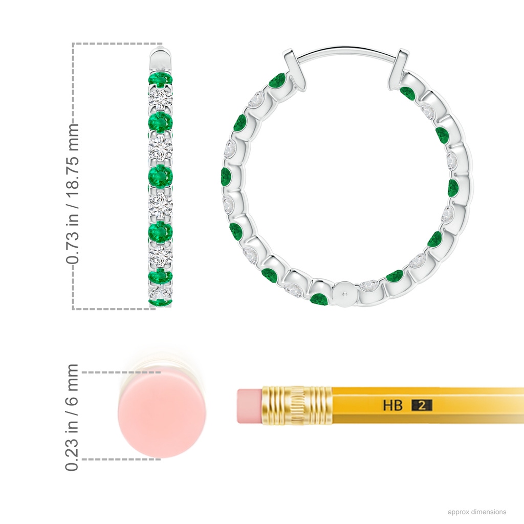 1.7mm AAA Prong-Set Emerald and Diamond Inside Out Hoop Earrings in White Gold ruler