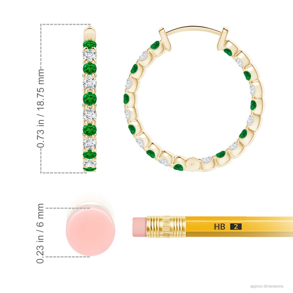 1.7mm AAAA Prong-Set Emerald and Diamond Inside Out Hoop Earrings in Yellow Gold ruler