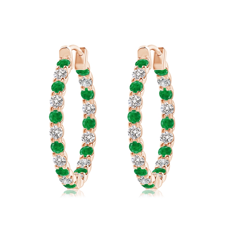 2.5mm AA Prong-Set Emerald and Diamond Inside Out Hoop Earrings in Rose Gold 