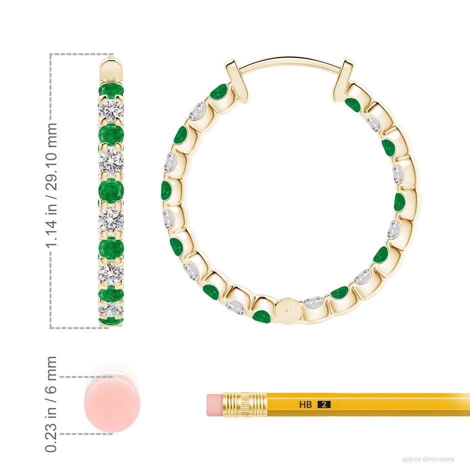 2.5mm AA Prong-Set Emerald and Diamond Inside Out Hoop Earrings in Yellow Gold ruler