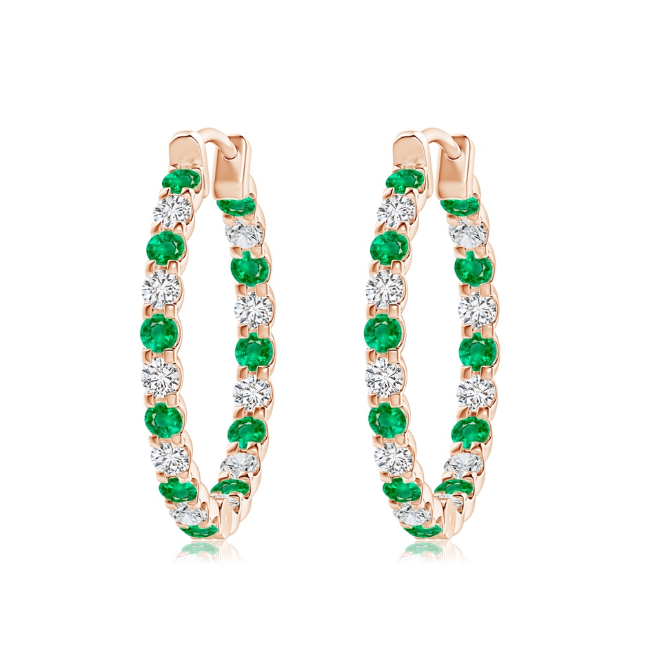 2.5mm AAA Prong-Set Emerald and Diamond Inside Out Hoop Earrings in Rose Gold 