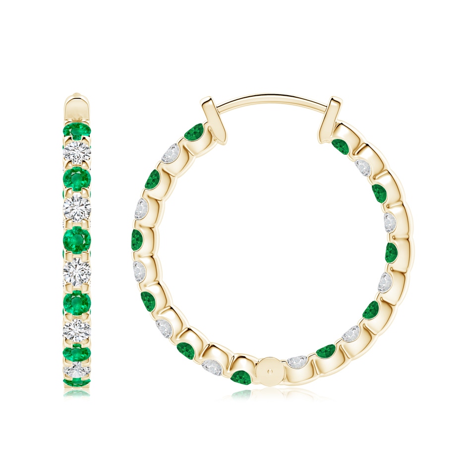 2.5mm AAA Prong-Set Emerald and Diamond Inside Out Hoop Earrings in Yellow Gold side 199