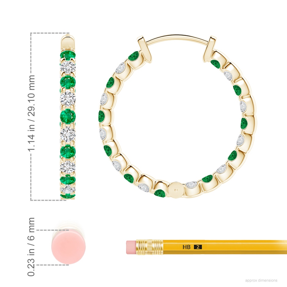 2.5mm AAA Prong-Set Emerald and Diamond Inside Out Hoop Earrings in Yellow Gold ruler