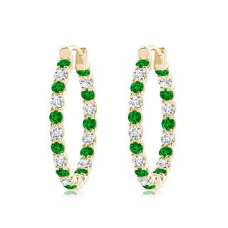 2.5mm AAAA Prong-Set Emerald and Diamond Inside Out Hoop Earrings in 10K Yellow Gold