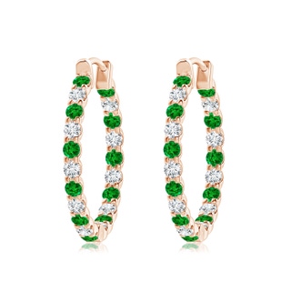 2.5mm AAAA Prong-Set Emerald and Diamond Inside Out Hoop Earrings in 9K Rose Gold