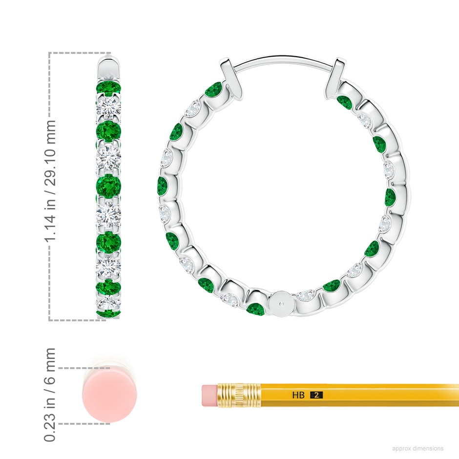 2.5mm AAAA Prong-Set Emerald and Diamond Inside Out Hoop Earrings in P950 Platinum ruler