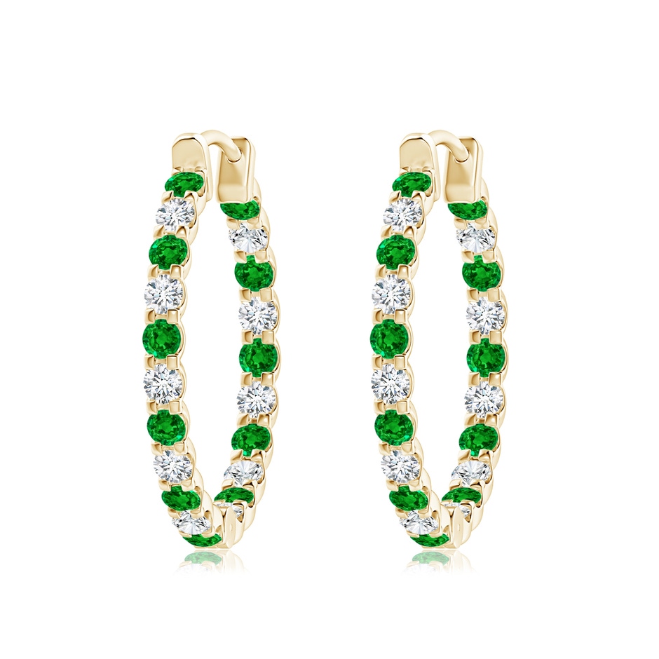 2.5mm AAAA Prong-Set Emerald and Diamond Inside Out Hoop Earrings in Yellow Gold 