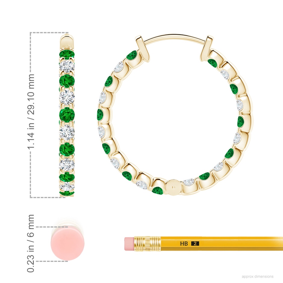 2.5mm AAAA Prong-Set Emerald and Diamond Inside Out Hoop Earrings in Yellow Gold ruler