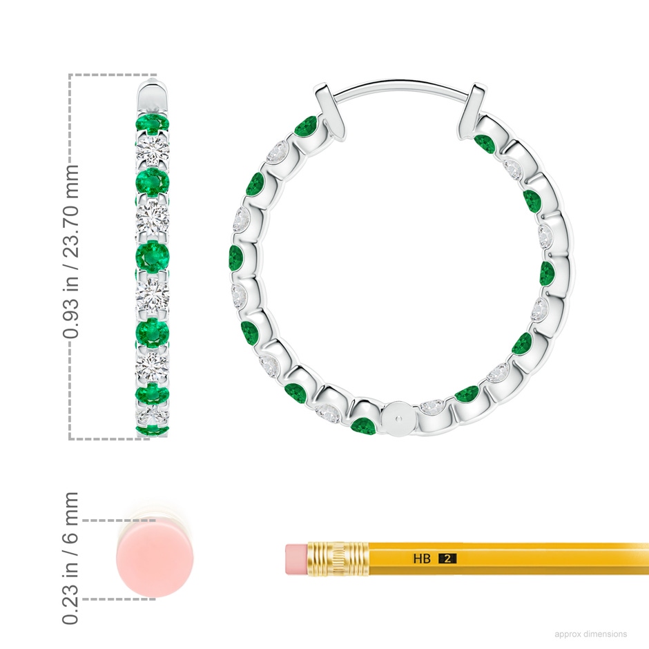 2mm AAA Prong-Set Emerald and Diamond Inside Out Hoop Earrings in P950 Platinum ruler