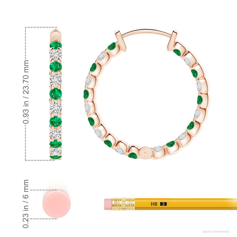 2mm AAA Prong-Set Emerald and Diamond Inside Out Hoop Earrings in Rose Gold ruler