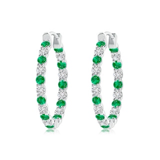 2mm AAA Prong-Set Emerald and Diamond Inside Out Hoop Earrings in White Gold