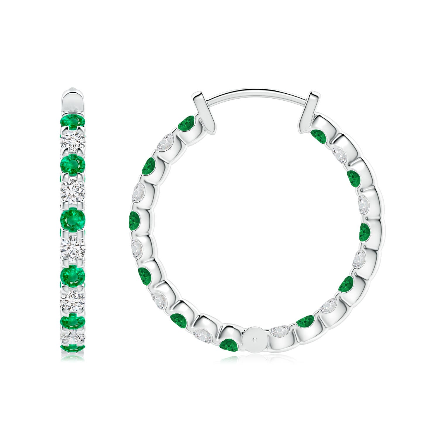 2mm AAA Prong-Set Emerald and Diamond Inside Out Hoop Earrings in White Gold