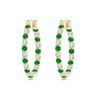 2mm AAAA Prong-Set Emerald and Diamond Inside Out Hoop Earrings in 10K Yellow Gold