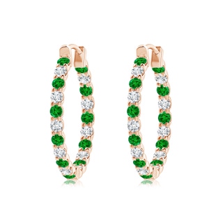 2mm AAAA Prong-Set Emerald and Diamond Inside Out Hoop Earrings in 9K Rose Gold