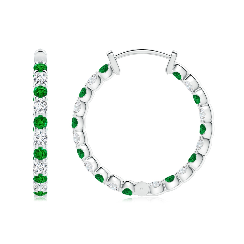 2mm AAAA Prong-Set Emerald and Diamond Inside Out Hoop Earrings in P950 Platinum Side 199