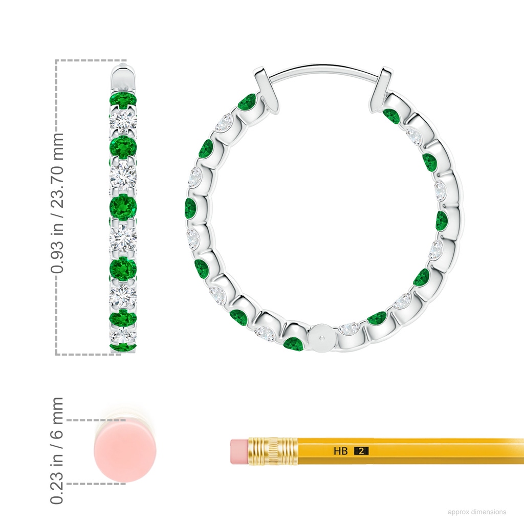 2mm AAAA Prong-Set Emerald and Diamond Inside Out Hoop Earrings in P950 Platinum ruler