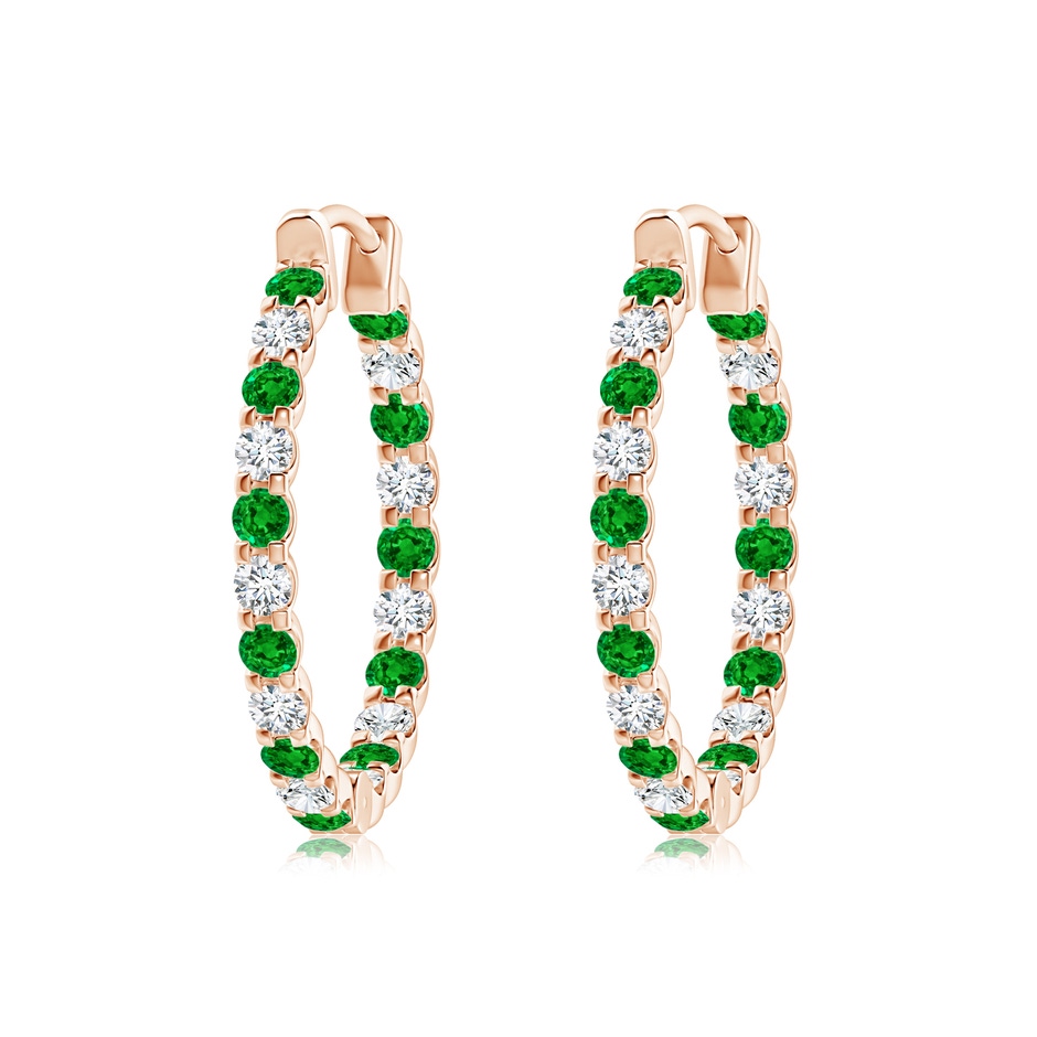 2mm AAAA Prong-Set Emerald and Diamond Inside Out Hoop Earrings in Rose Gold 